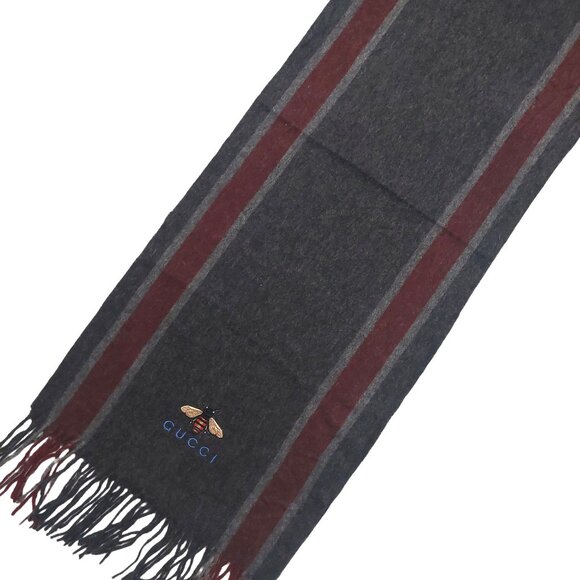 Gucci Vintage Gray & Burgundy Stripe Scarf w Embroidered Bee Logo - Picture 3 of 11